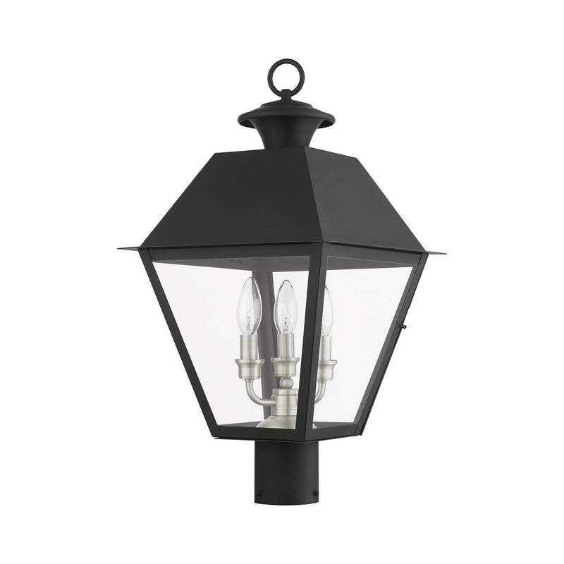 Livex Lighting 27219-04 Three Light Outdoor Post Top Lantern, Black w/ Brushed Nickel Cluster
