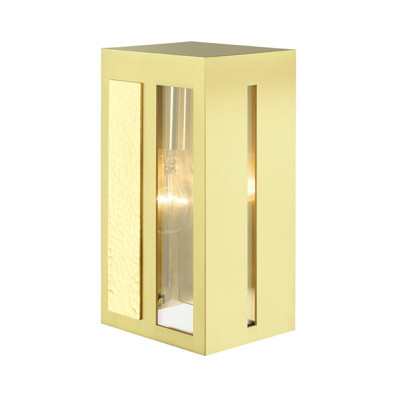 Livex Lighting 27411-12 One Light Outdoor Wall Lantern, Satin Brass w/ Hammered Polished Brass Panels