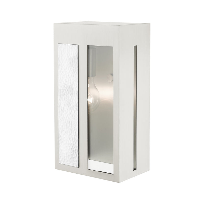 Livex Lighting 27412-91 One Light Outdoor Wall Lantern, Brushed Nickel w/ Hammered Polished Nickel Panels