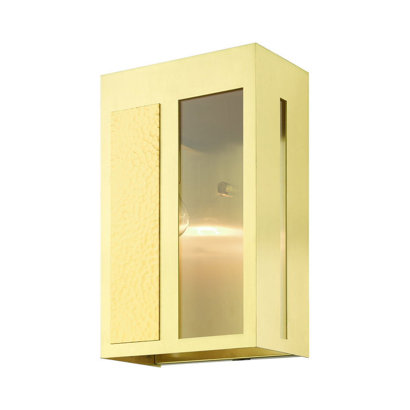 Livex Lighting 27413-12 One Light Outdoor Wall Lantern, Satin Brass w/ Hammered Polished Brass Panels