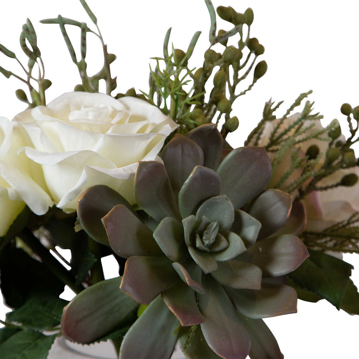 Uttermost 60182 Floral Bouquet & Vase, Berries, Greenery, Seed Pods, Succulents And Cream Roses In A Clear
