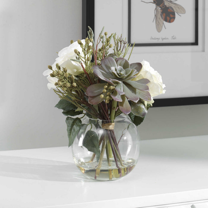 Uttermost 60182 Floral Bouquet & Vase, Berries, Greenery, Seed Pods, Succulents And Cream Roses In A Clear