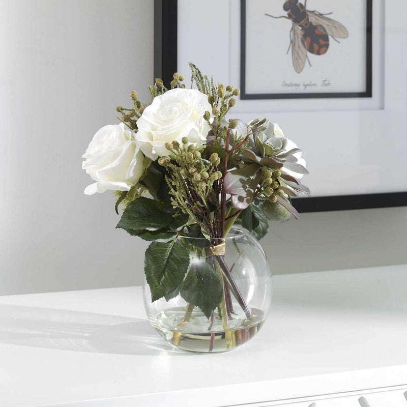 Uttermost 60182 Floral Bouquet & Vase, Berries, Greenery, Seed Pods, Succulents And Cream Roses In A Clear