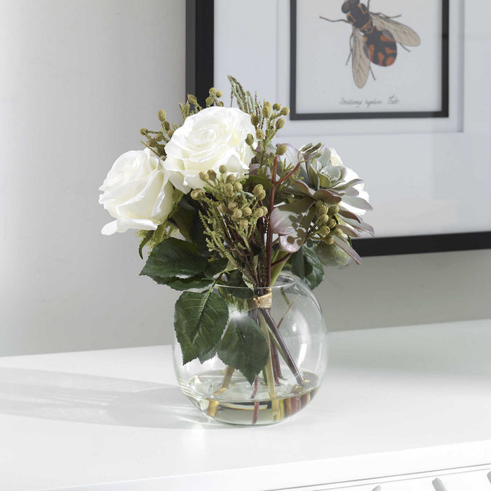 Uttermost 60182 Floral Bouquet & Vase, Berries, Greenery, Seed Pods, Succulents And Cream Roses In A Clear
