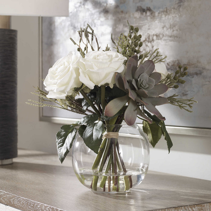 Uttermost 60182 Floral Bouquet & Vase, Berries, Greenery, Seed Pods, Succulents And Cream Roses In A Clear
