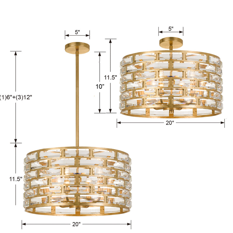 Crystorama MER-4866-GA_CEILING Six Light Semi Flush Mount, Antique Gold