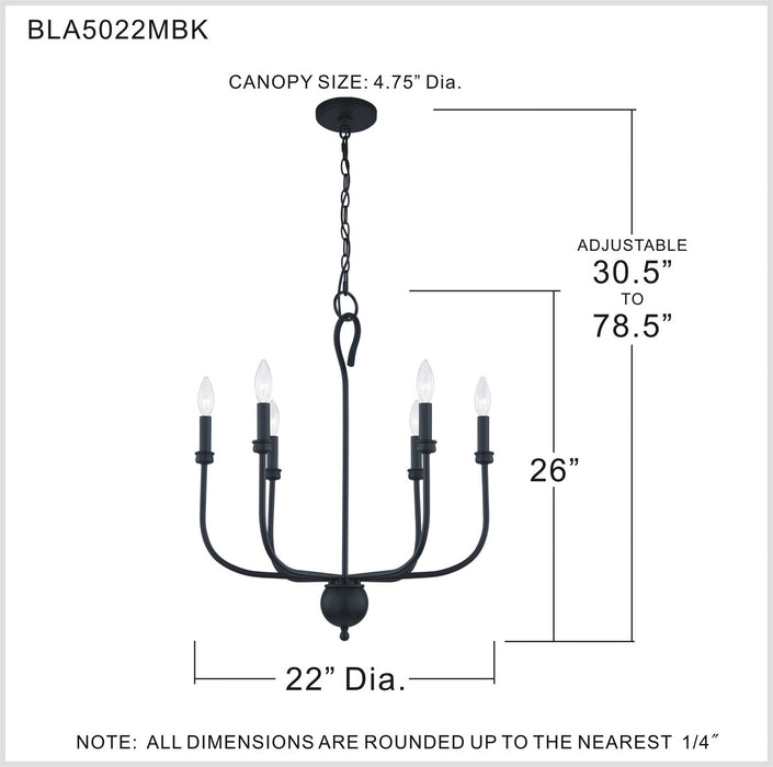 Quoizel BLA5022MBK Six Light Chandelier, Matte Black