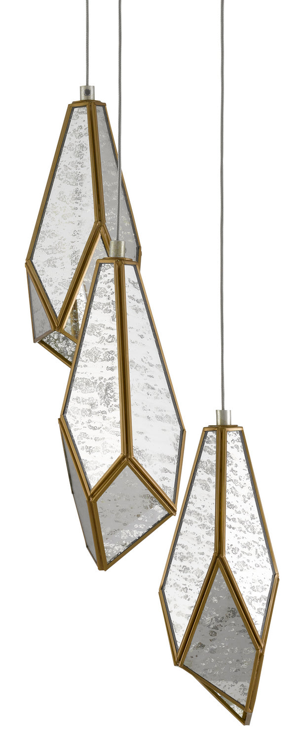 Currey and Company 9000-0703 Three Light Pendant, Raj Mirror/Antique Brass