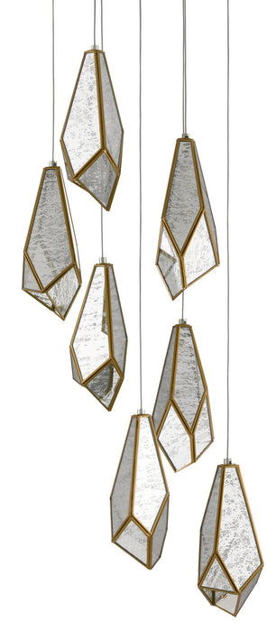 Currey and Company 9000-0704 Seven Light Pendant, Raj Mirror/Antique Brass