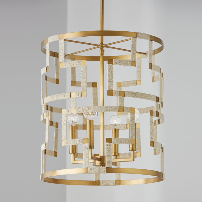 Capital Lighting 541041NL Four Light Foyer, Bleached Natural Jute and Patinaed Brass