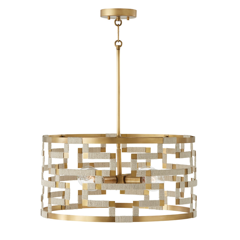 Capital Lighting 341041NL Four Light Pendant, Bleached Natural Jute and Patinaed Brass
