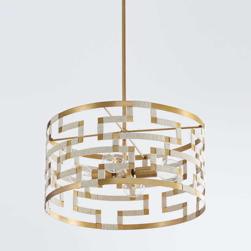 Capital Lighting 341041NL Four Light Pendant, Bleached Natural Jute and Patinaed Brass