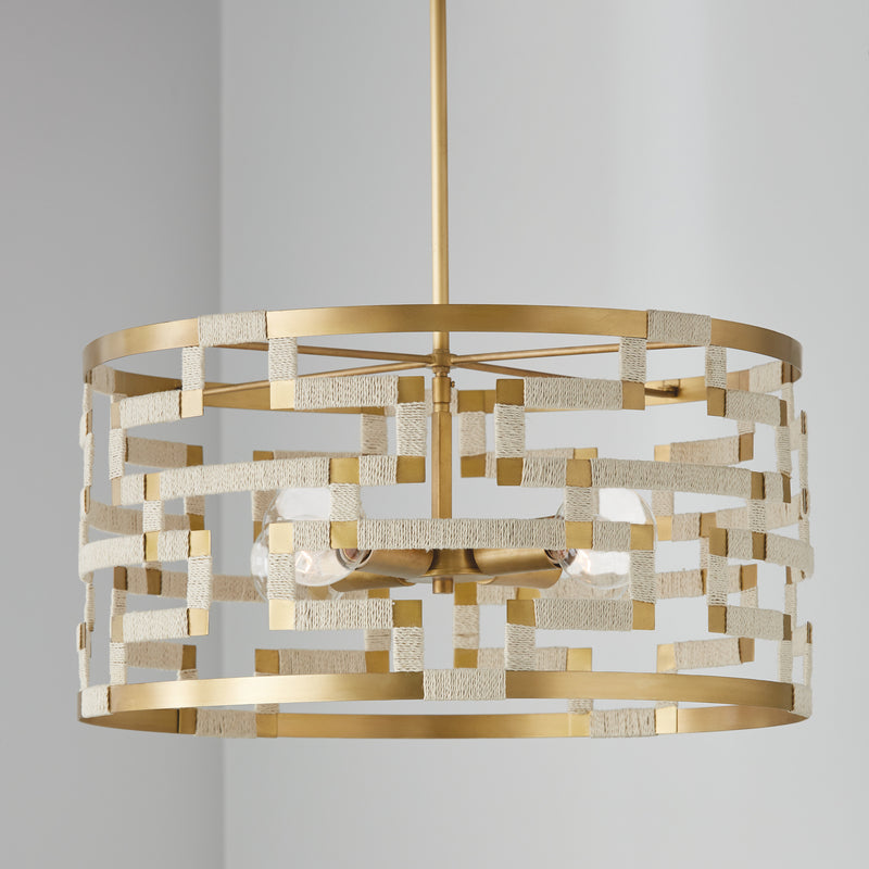 Capital Lighting 341041NL Four Light Pendant, Bleached Natural Jute and Patinaed Brass