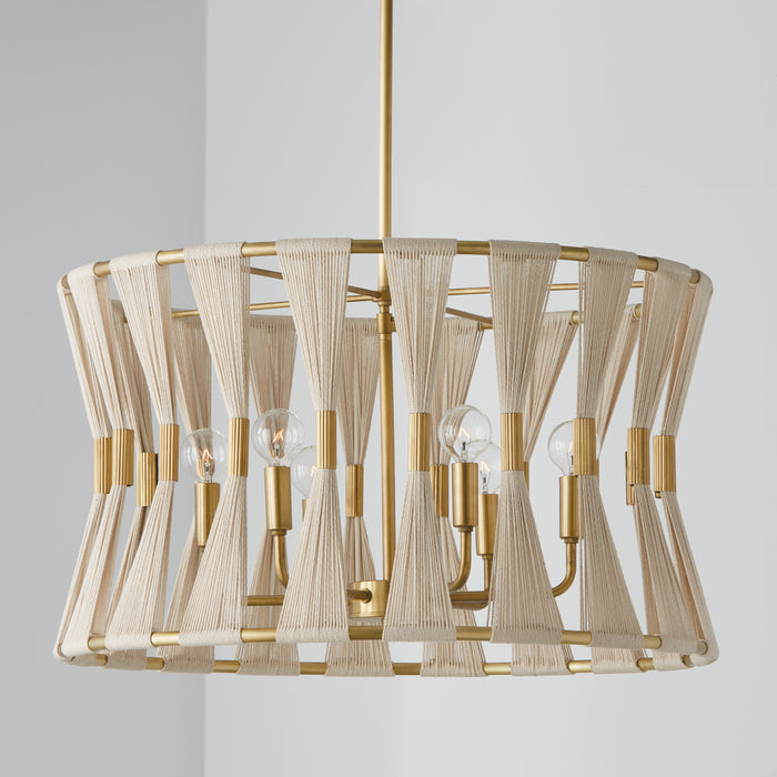 Capital Lighting 341161NP Six Light Pendant, Bleached Natural Rope and Patinaed Brass