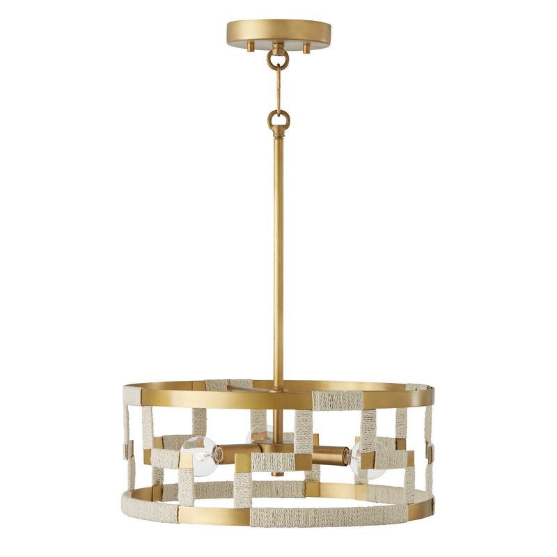 Capital Lighting 241031NL Three Light Semi Flush Mount, Bleached Natural Jute and Patinaed Brass