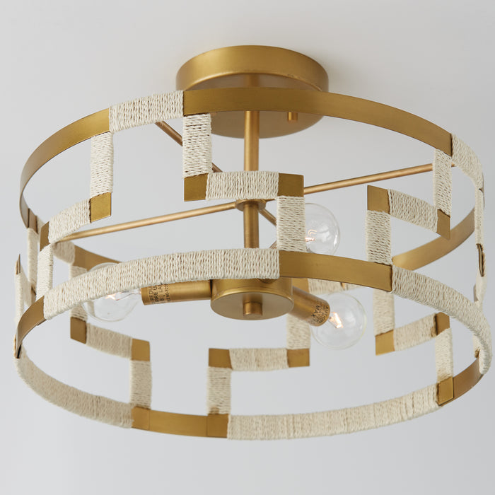 Capital Lighting 241031NL Three Light Semi Flush Mount, Bleached Natural Jute and Patinaed Brass