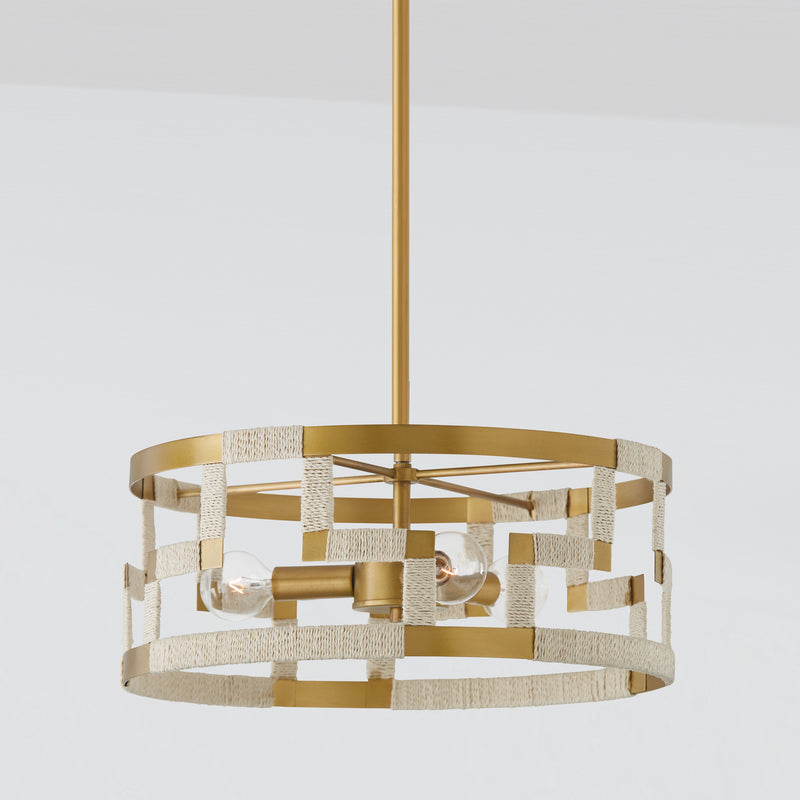 Capital Lighting 241031NL Three Light Semi Flush Mount, Bleached Natural Jute and Patinaed Brass