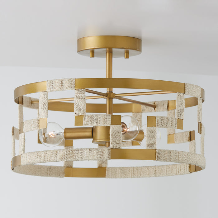 Capital Lighting 241031NL Three Light Semi Flush Mount, Bleached Natural Jute and Patinaed Brass