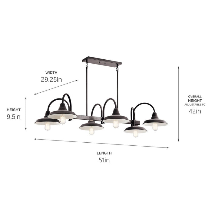 Kichler 52408WZC Six Light Linear Chandelier, Weathered Zinc