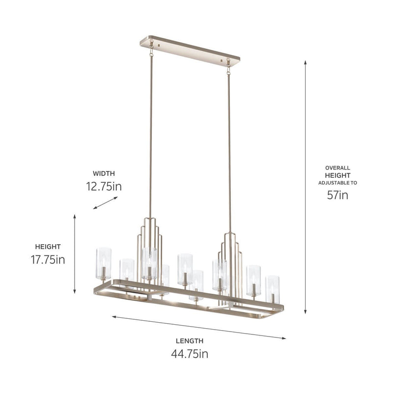 Kichler 52413PN Ten Light Linear Chandelier, Polished Nickel