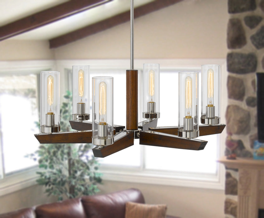 Cal Lighting FX-3756-6 Six Light Chandelier, Wood/brushed Steel