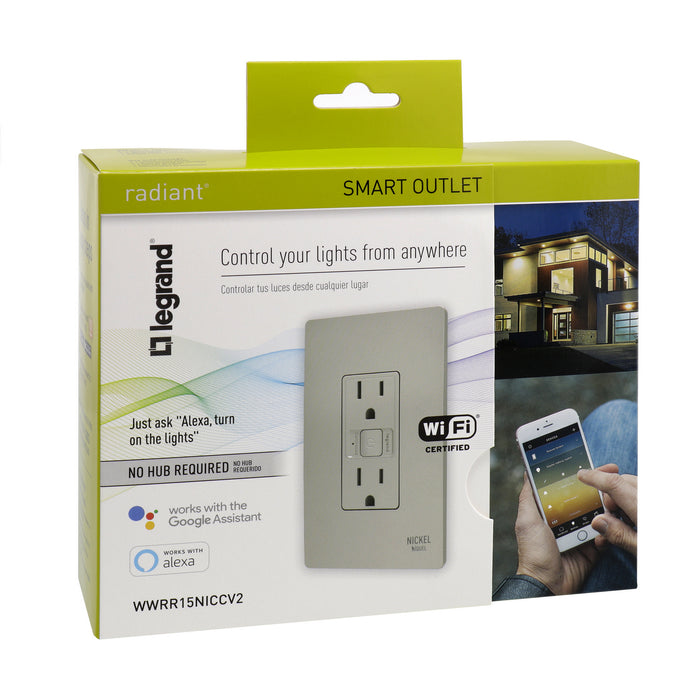 Legrand WWRR15NICCV2 Smart Outlet - Wi-Fi Finish, Nickel