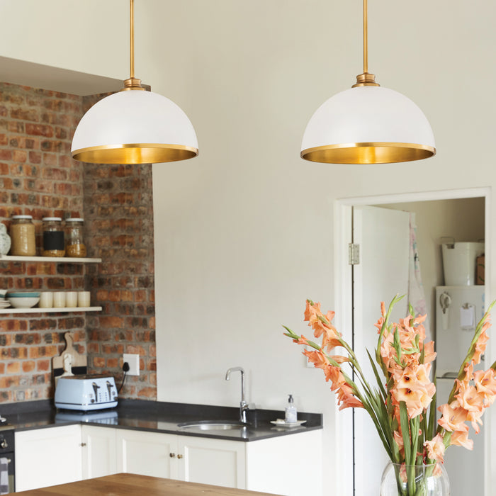 Z-Lite 1004P14-MW-RB One Light Pendant, Matte White + Rubbed Brass