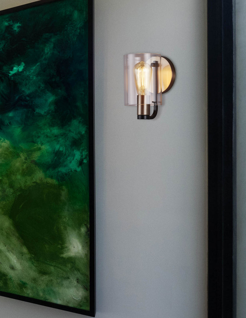 Justice Designs FSN-8081-CLER-MBBR One Light Wall Sconce, Matte Black w/ Brass