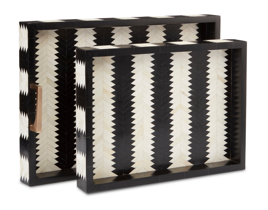 Currey and Company 1200-0451 Tray Set of 2, Black/White/Natural/Brass