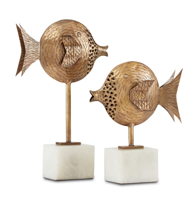 Currey and Company 1200-0513 Fish Set of 2, Antique Brass/White