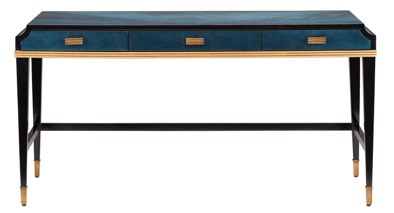 Currey and Company 3000-0208 Desk, Dark Sapphire/Caviar Black/Antique Brass