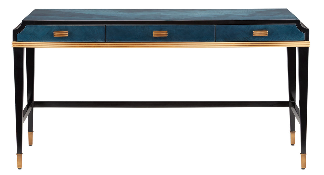 Currey and Company 3000-0208 Desk, Dark Sapphire/Caviar Black/Antique Brass