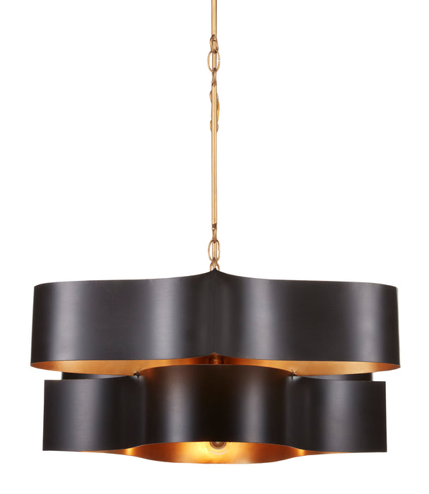 Currey and Company 9000-0853 Six Light Chandelier, Satin Black/Contemporary Gold Leaf