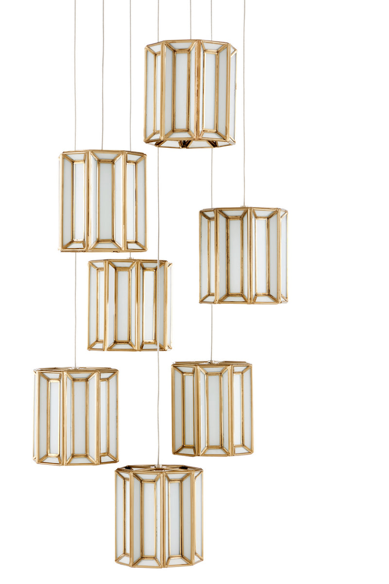 Currey and Company 9000-0890 Seven Light Pendant, White/Antique Brass
