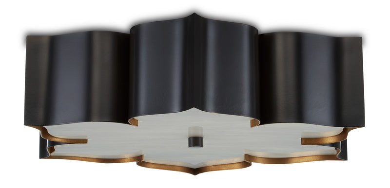 Currey and Company 9999-0060 Two Light Flush Mount, Satin Black /Contemporary Gold
