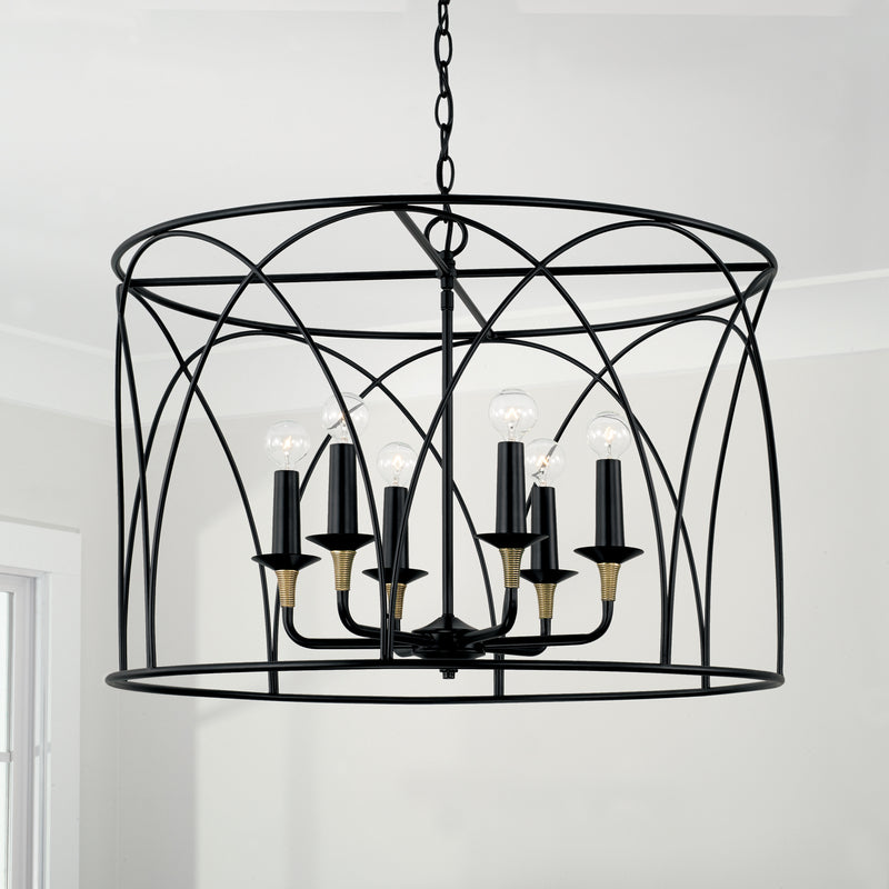 Capital Lighting 345661KB Six Light Pendant, Matte Black with Brass