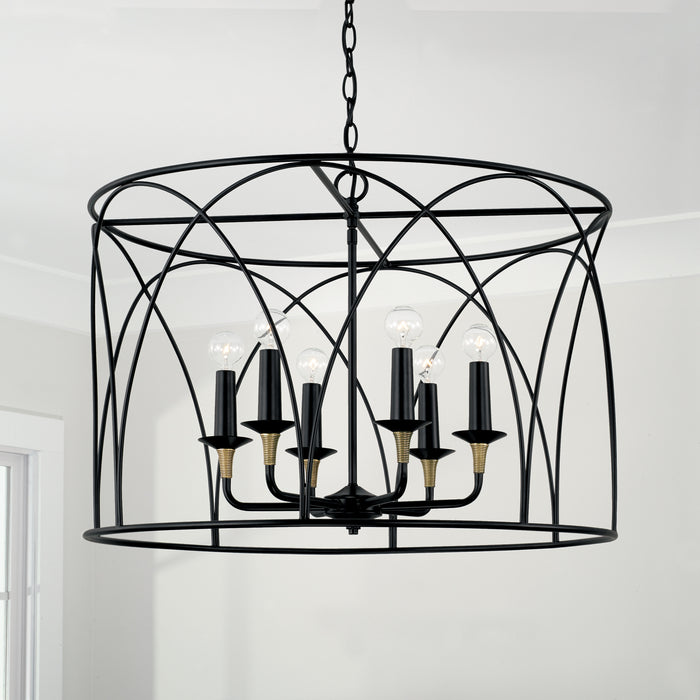 Capital Lighting 345661KB Six Light Pendant, Matte Black with Brass