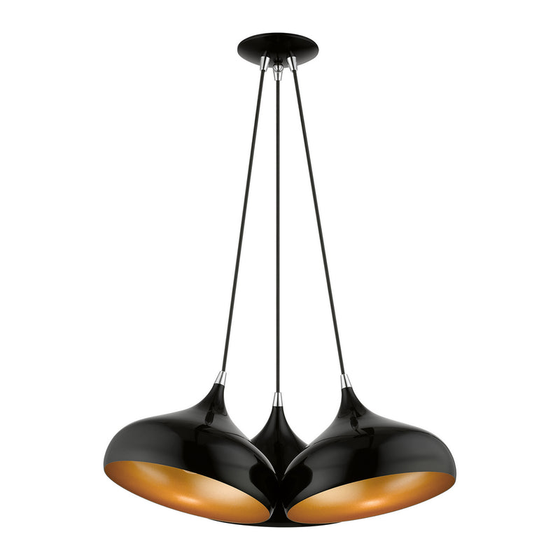 Livex Lighting 41053-68 Three Light Pendant, Shiny Black w/ Polished Chromes