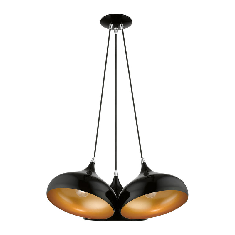 Livex Lighting 41053-68 Three Light Pendant, Shiny Black w/ Polished Chromes