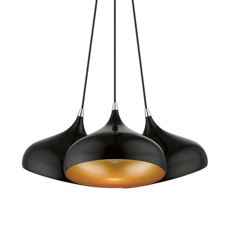 Livex Lighting 41053-68 Three Light Pendant, Shiny Black w/ Polished Chromes