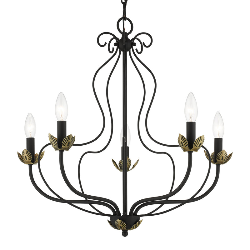 Livex Lighting 42905-04 Five Light Chandelier, Black w/ Antique Brasss