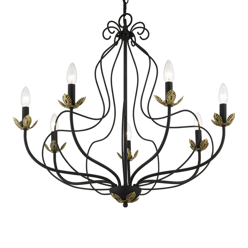 Livex Lighting 42907-04 Seven Light Chandelier, Black w/ Antique Brasss