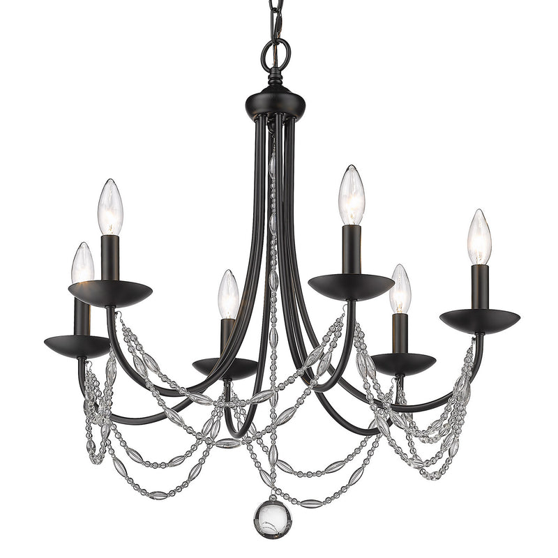Golden 7644-6 BLK Six Light Chandelier, Matte Black