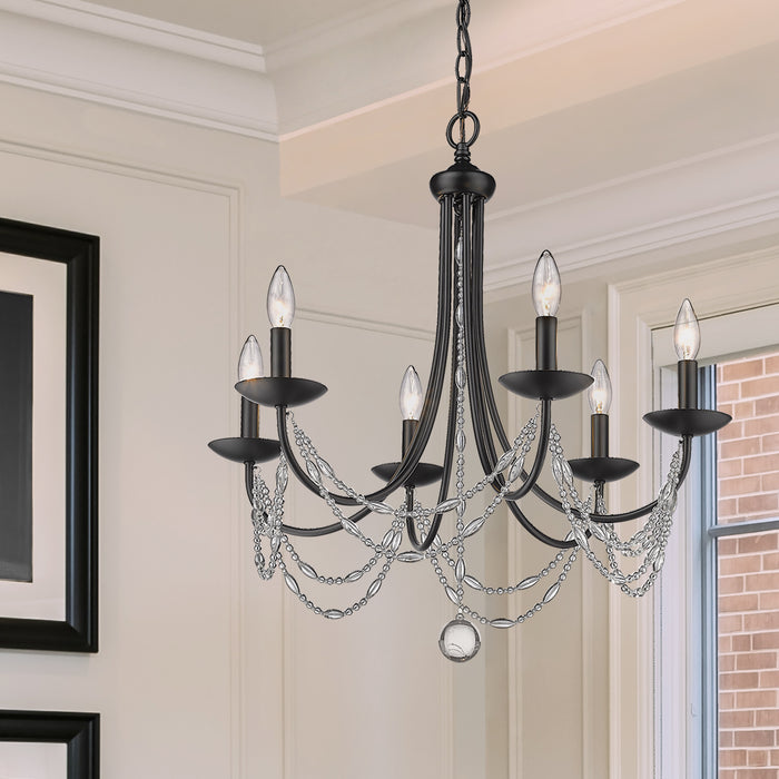 Golden 7644-6 BLK Six Light Chandelier, Matte Black