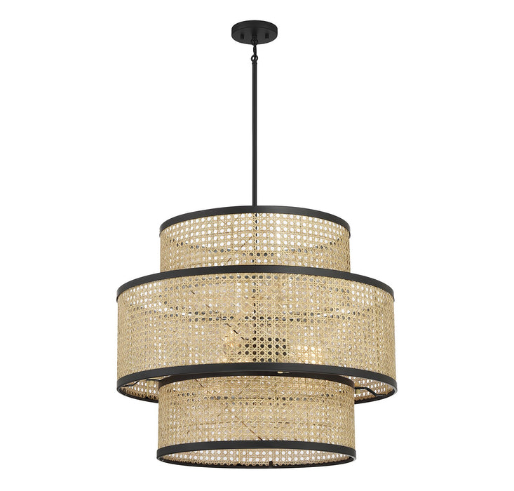 Meridian M7016MBK Three Light Pendant, Natural Cane with Matte Black