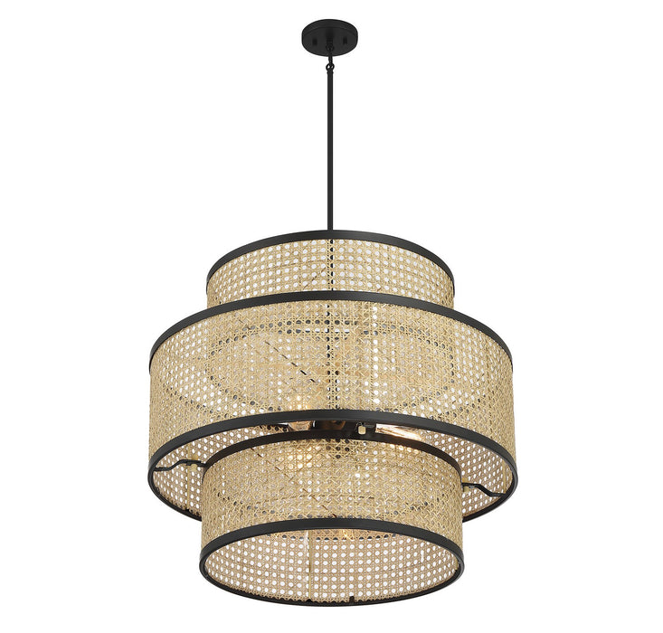 Meridian M7016MBK Three Light Pendant, Natural Cane with Matte Black