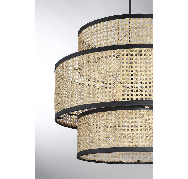 Meridian M7016MBK Three Light Pendant, Natural Cane with Matte Black