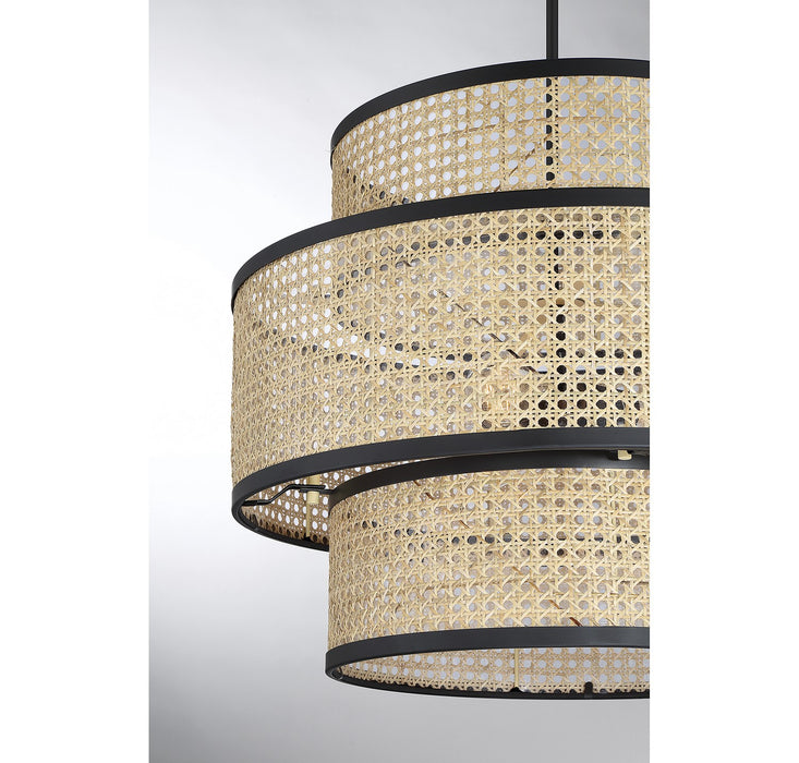 Meridian M7016MBK Three Light Pendant, Natural Cane with Matte Black