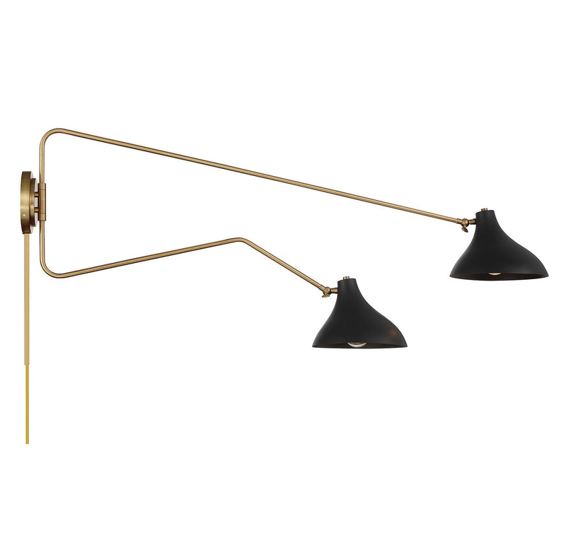Meridian M90088MBKNB Two Light Wall Sconce, Matte Black with Natural Brass