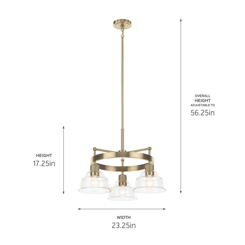 Kichler 52402BNB Three Light Chandelier, Brushed Brass